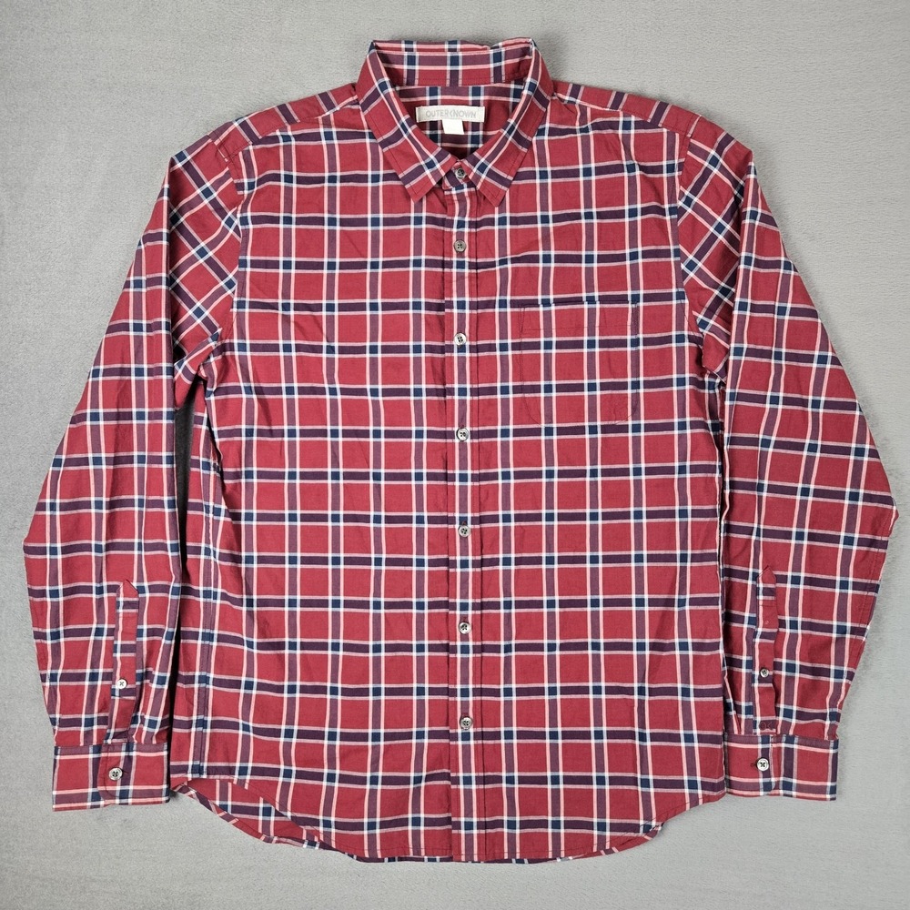 Outerknown Button Up Shirt Mens Large Red‎ Plaid Organic Cotton Long Sleeve